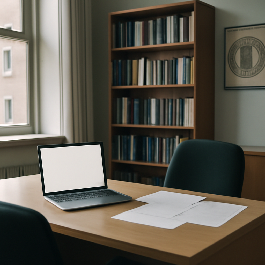 A cluttered office desk with laptop and papers, chair pushed back as if someone just left.
