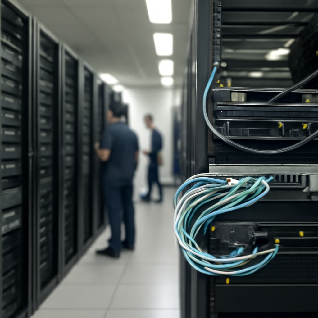 Server room interior with technicians in background and highlighted server components.