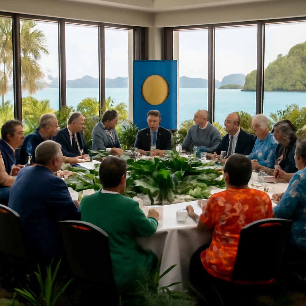 Pacific Island leaders gather around a large table in a formal conference setting with tropical plants and ocean views.