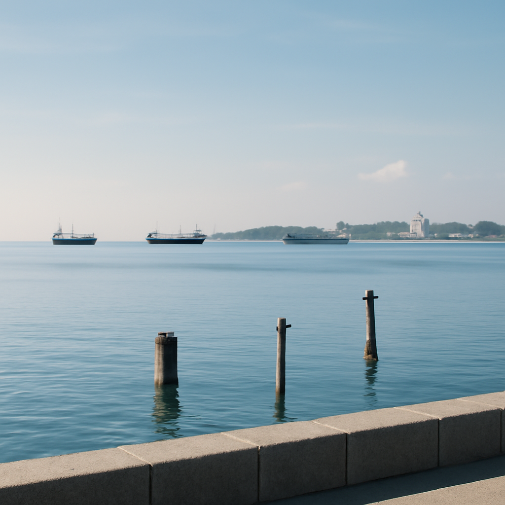 Tranquil ocean harbor with ships anchored offshore and a low-profile seawall in the foreground.