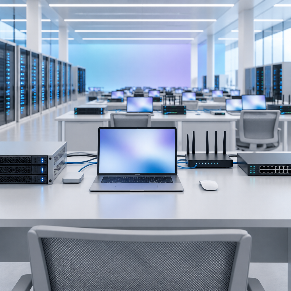 Modern tech lab with sleek workstation, laptop, and networked devices.