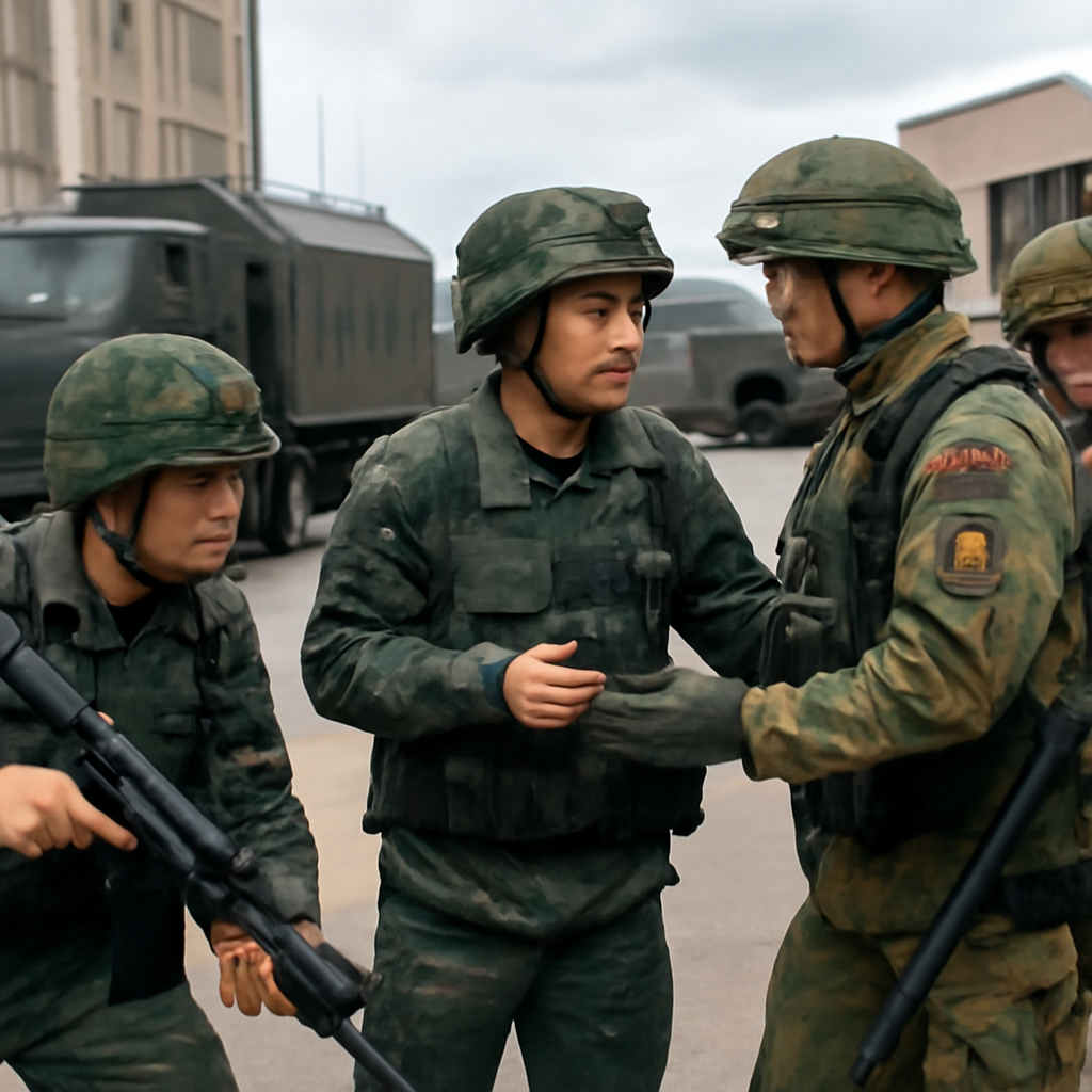 Chinese and Belarusian soldiers train together in urban setting.