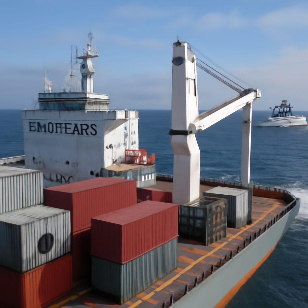 Cargo ship with shipping containers at sea near a Chinese warship.