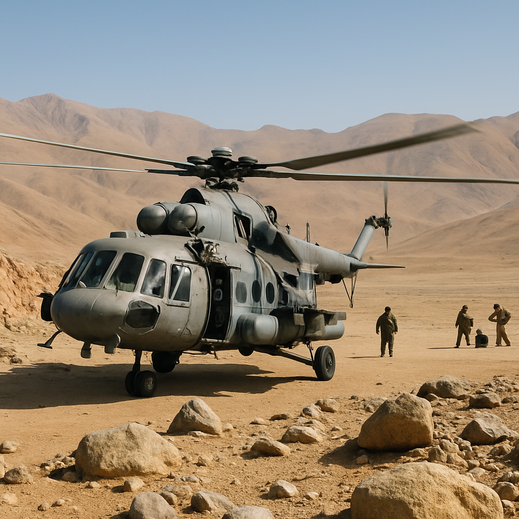 Military helicopter hovering over rugged desert terrain with personnel in distance.