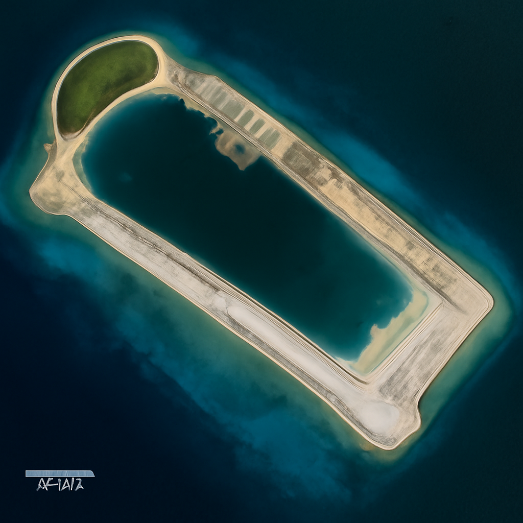 Satellite view of a large artificial island with port, runway, and seawalls at Antelope Reef in the South China Sea.