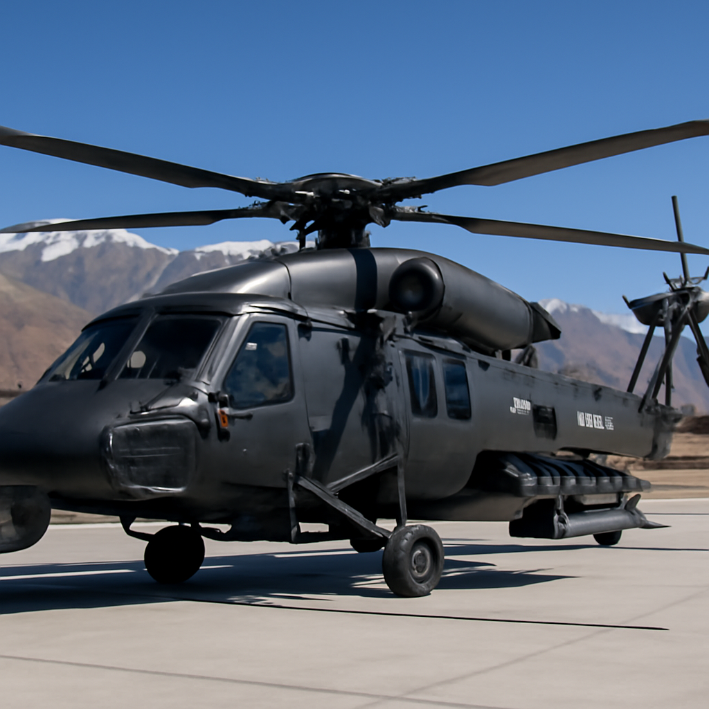 Z-20T assault helicopter on a helipad in a high-altitude mountainous region with rugged terrain and buildings in the…