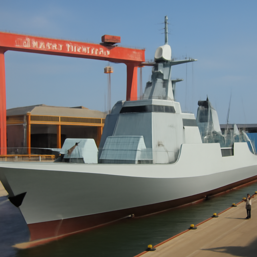 Chinese shipyard with a nearly completed Type 054B frigate in foreground.