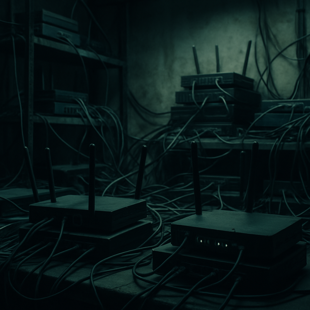 Cluttered server room with stacked routers, cables, and wires in dim light.
