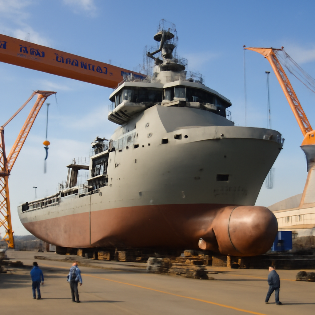 Massive supply ship under construction in a brightly-lit shipyard near the water.