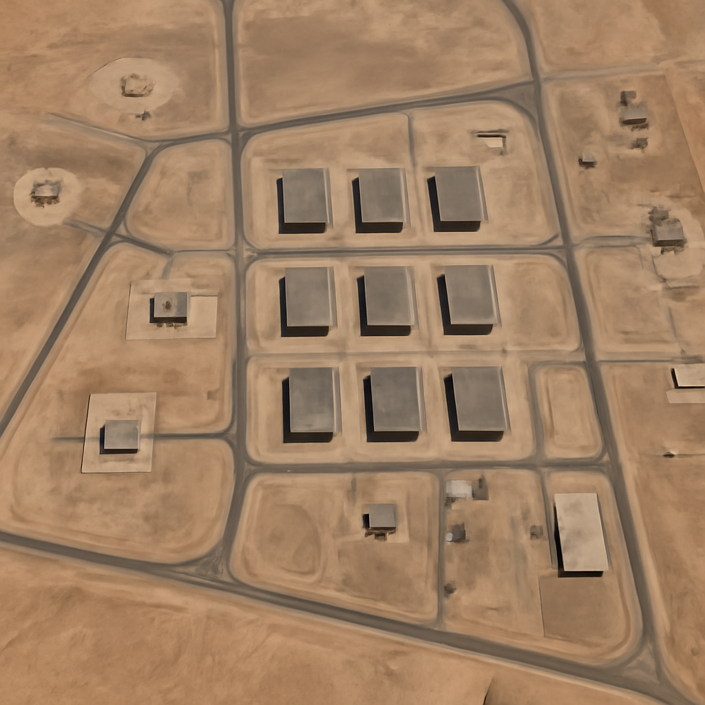 Satellite view of a desert military base with new hardened structures.