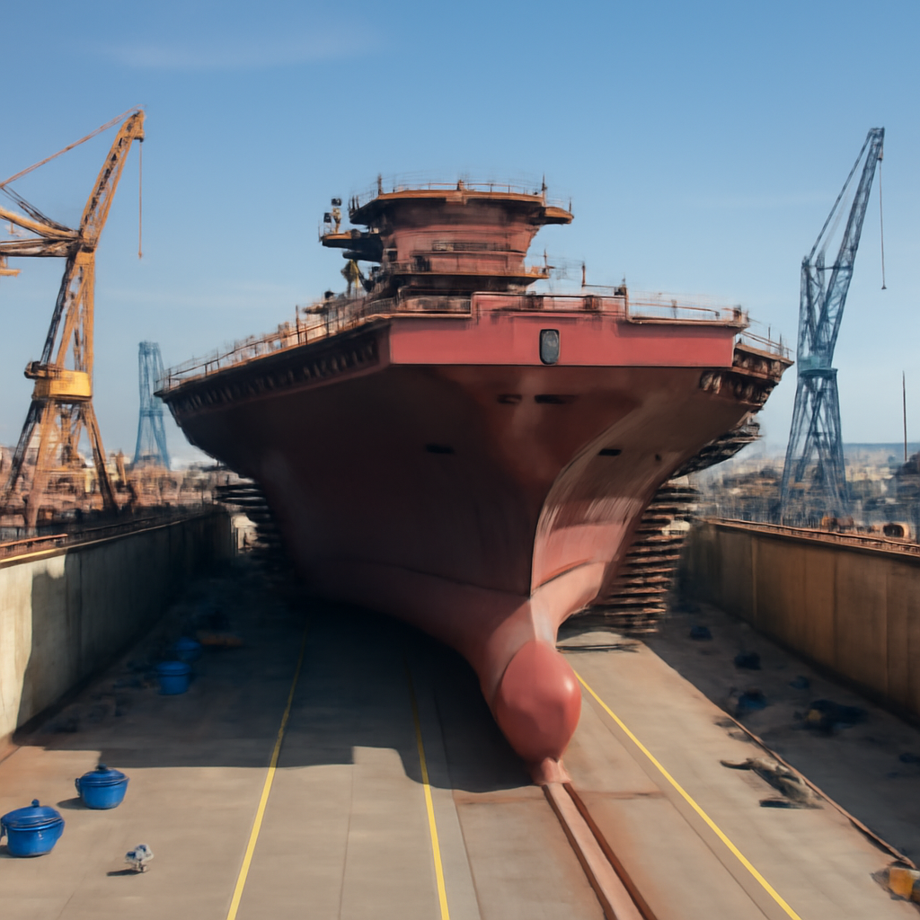 Partially built aircraft carrier hull in a large dry dock surrounded by construction equipment and scaffolding.