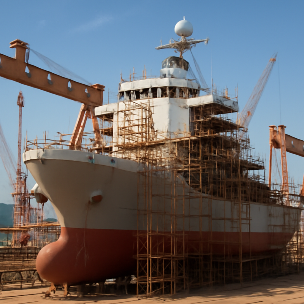 Large ship under construction in Chinese shipyard with scaffolding and supports.