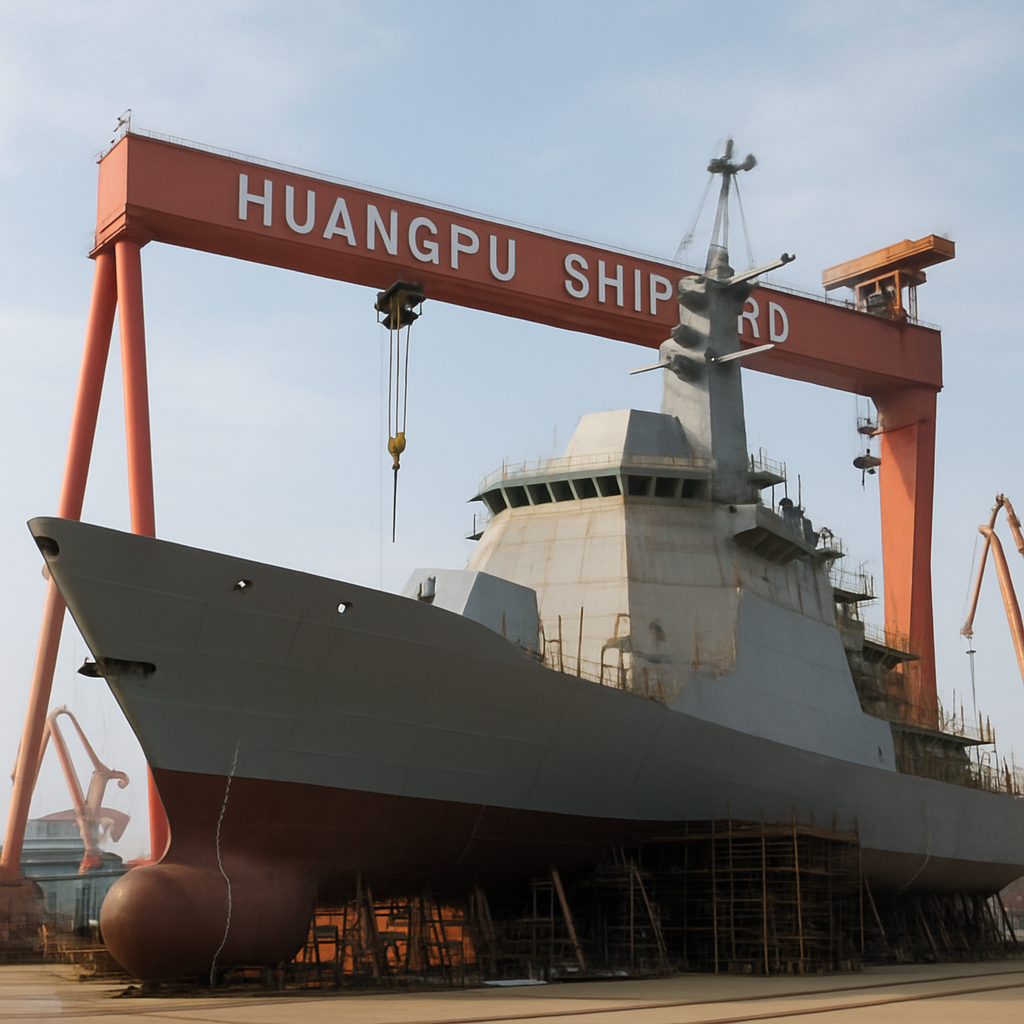Partially constructed naval frigate in a large shipyard with cranes in the background.