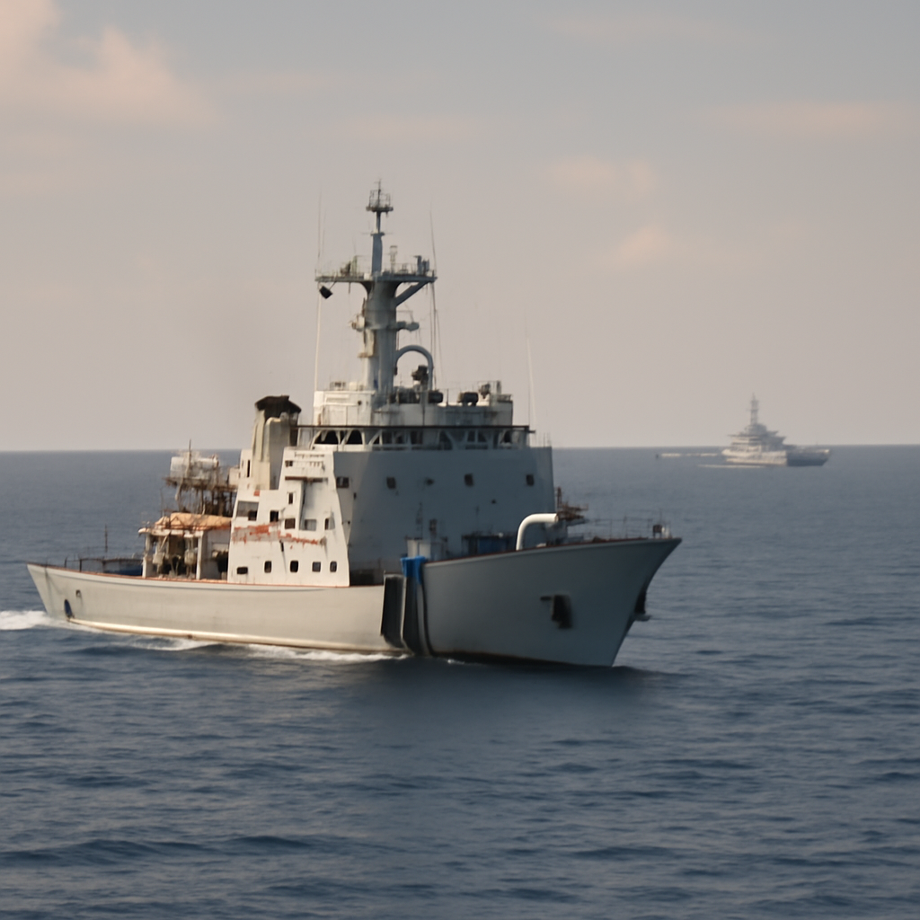 China Coast Guard vessel patrols near Yonaguni Island with Japan Coast Guard vessel in distance.