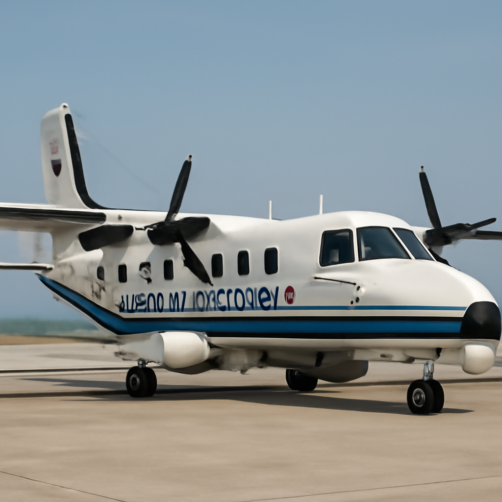 China Coast Guard twin-engine turboprop aircraft parked on tarmac with personnel in background.