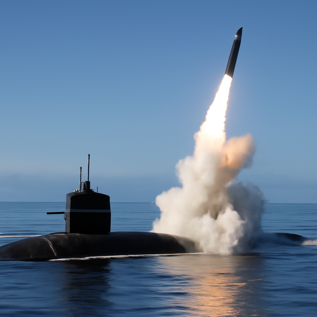 Strategic nuclear submarine launching ballistic missile into calm Pacific waters.