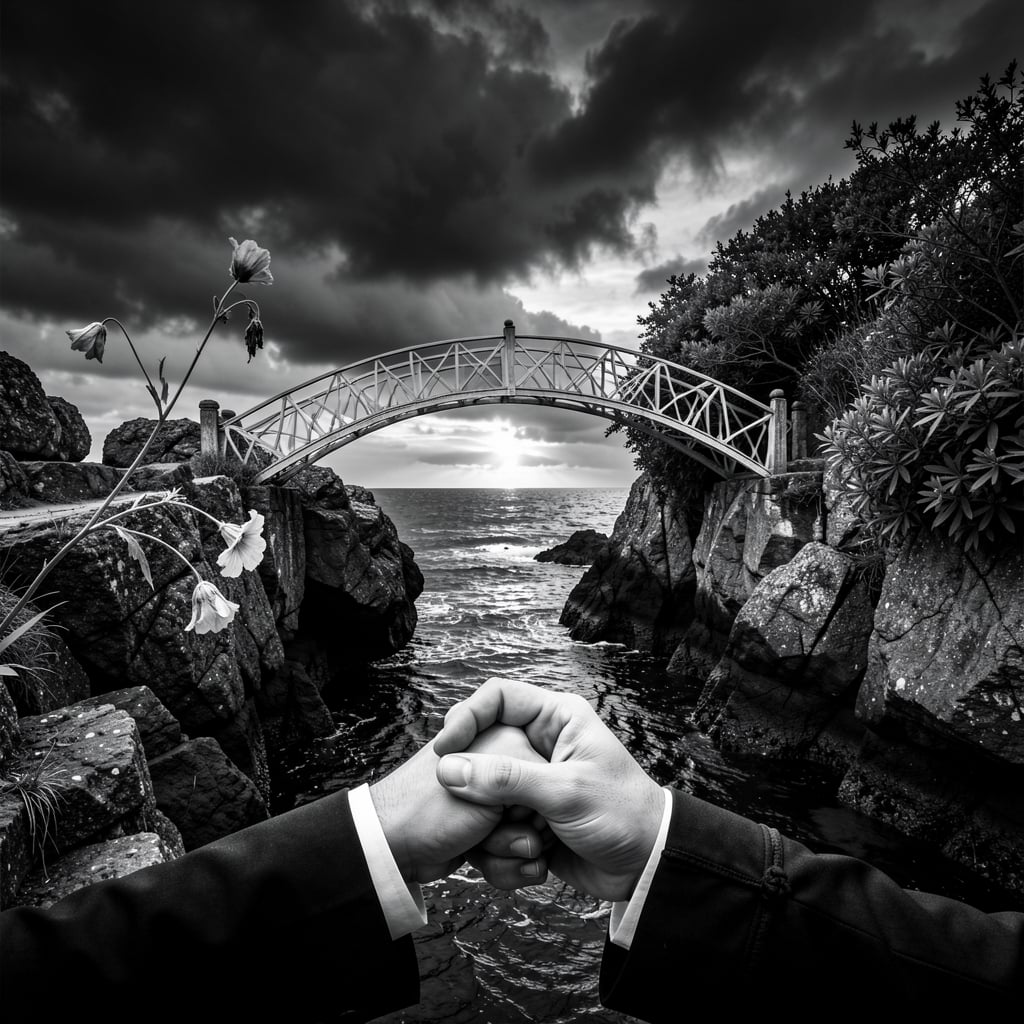 Delicate bridge connects rugged shores, symbolizing fragile ties between two landscapes.