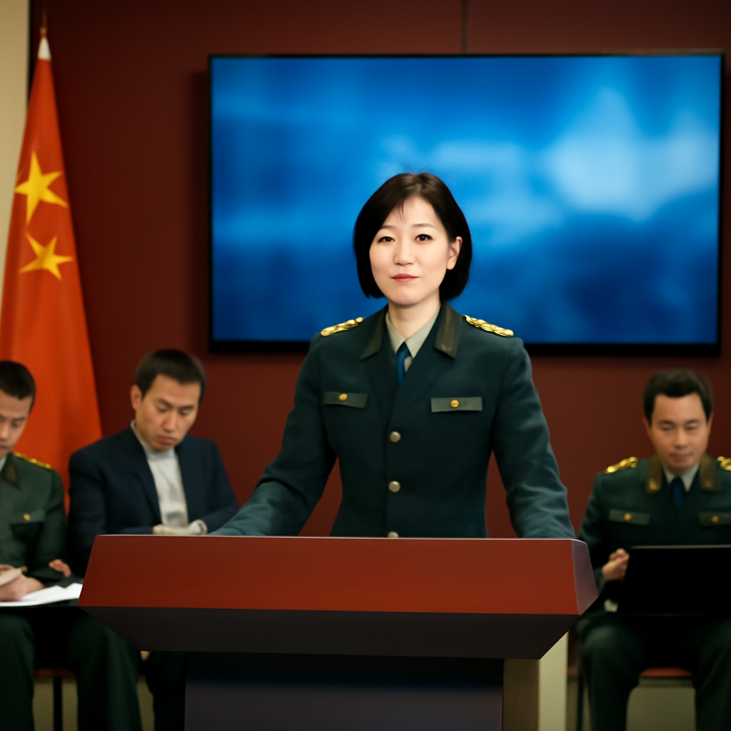 Military briefing room with screen displaying blurred image, analysts seated nearby.