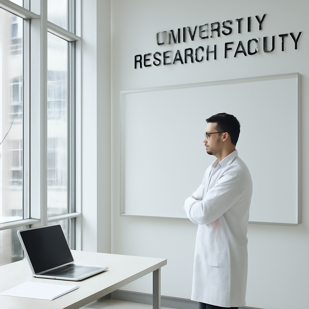 Researcher stands in front of blank screen at a university facility surrounded by daylight and technology.