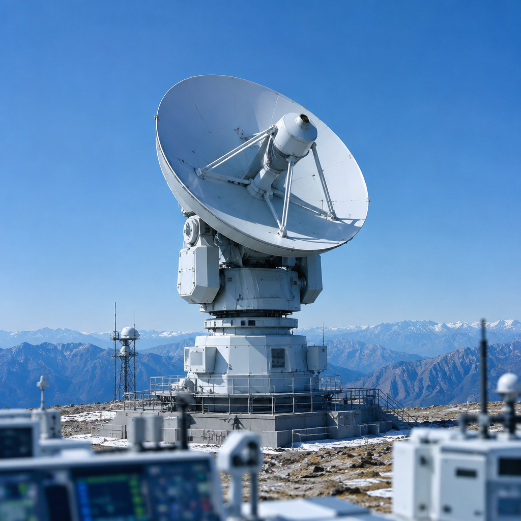 Futuristic Chinese military satellite dish on remote mountainous terrain under clear blue sky.