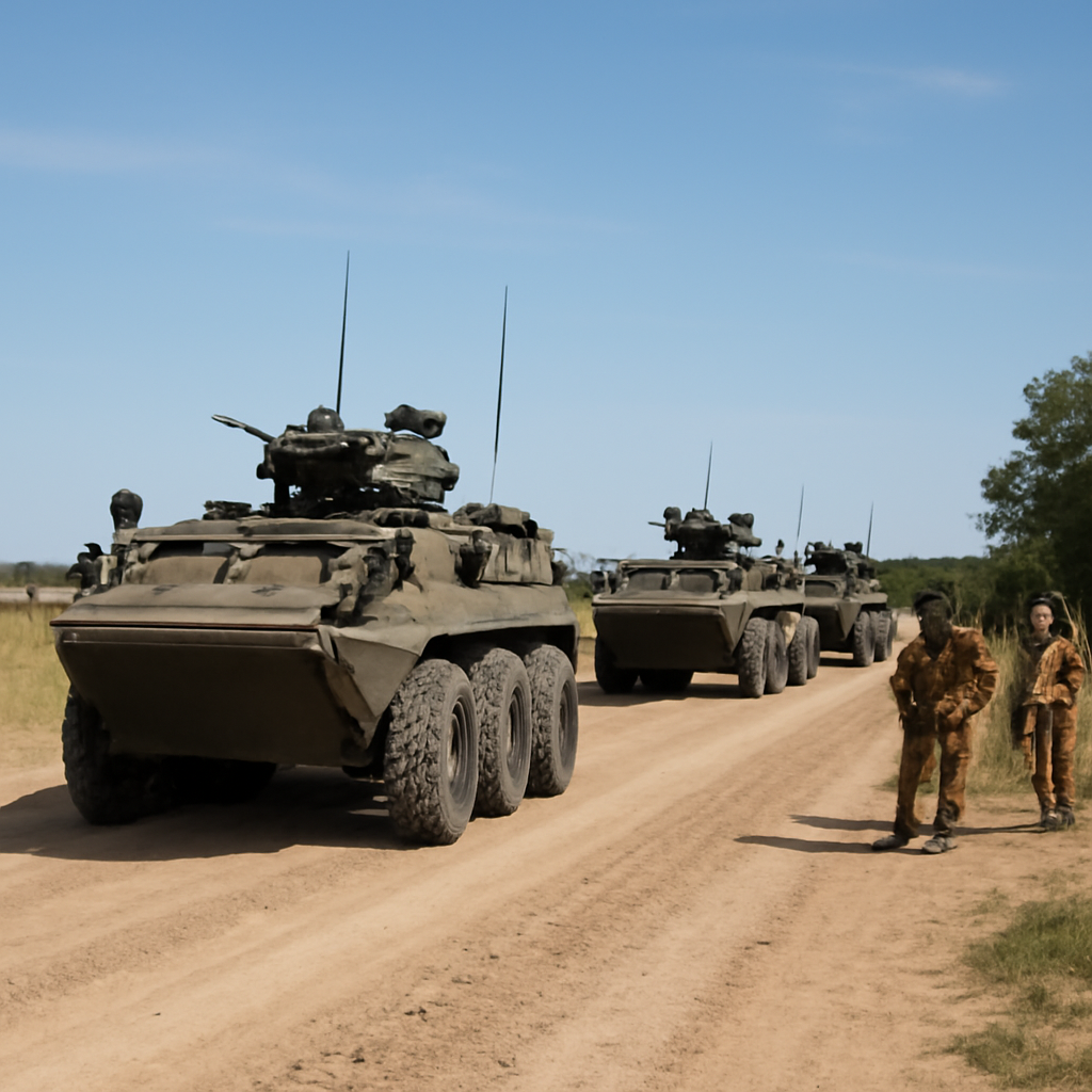 Military armored vehicles and soldiers on a dirt road at a rural training range.