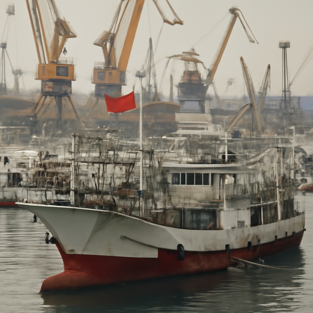 Chinese-flagged squid fishing vessel docks among bustling port equipment and warehouses.