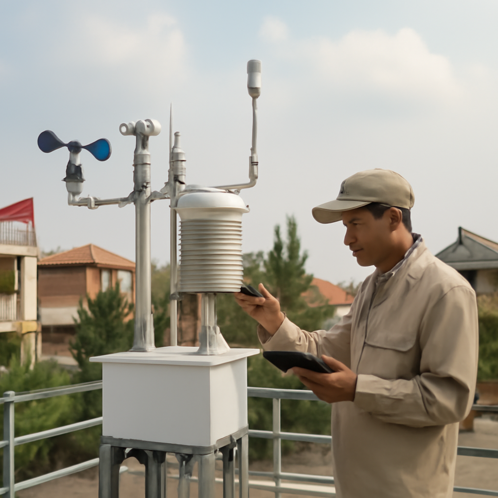 Modern weather station with antennas in a foreign setting blending local and Chinese architectural elements.