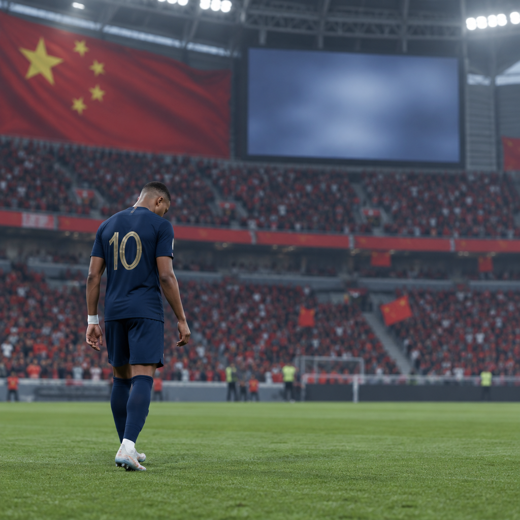 Somber stadium scene with Chinese flag, empty screen, and lone soccer player amidst blurred crowd.