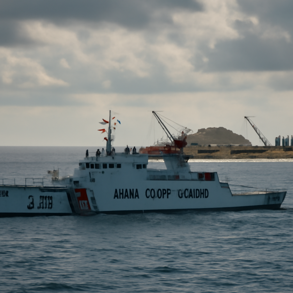 Chinese coast guard ship patrols near disputed island with construction equipment under a cloudy sky.