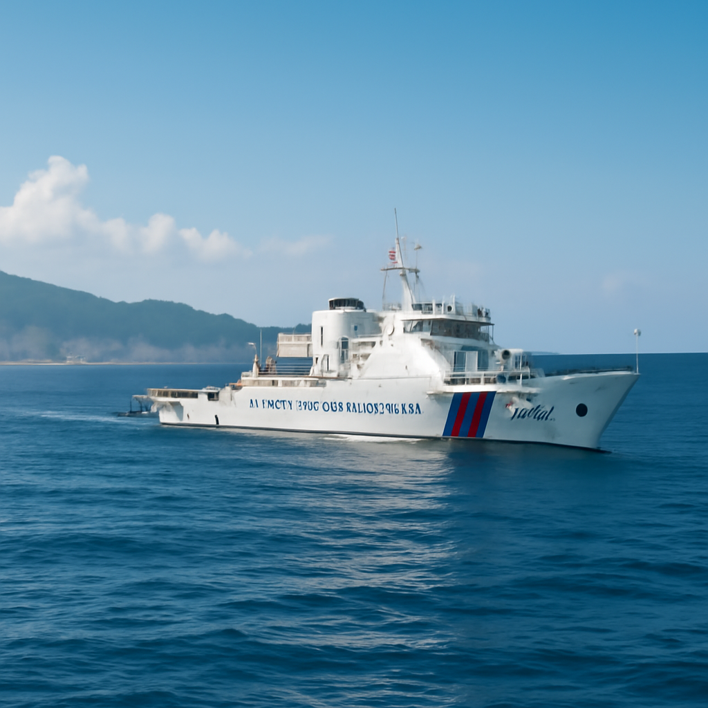 China Coast Guard vessel patrols waters east of Taiwan with coastline in background.