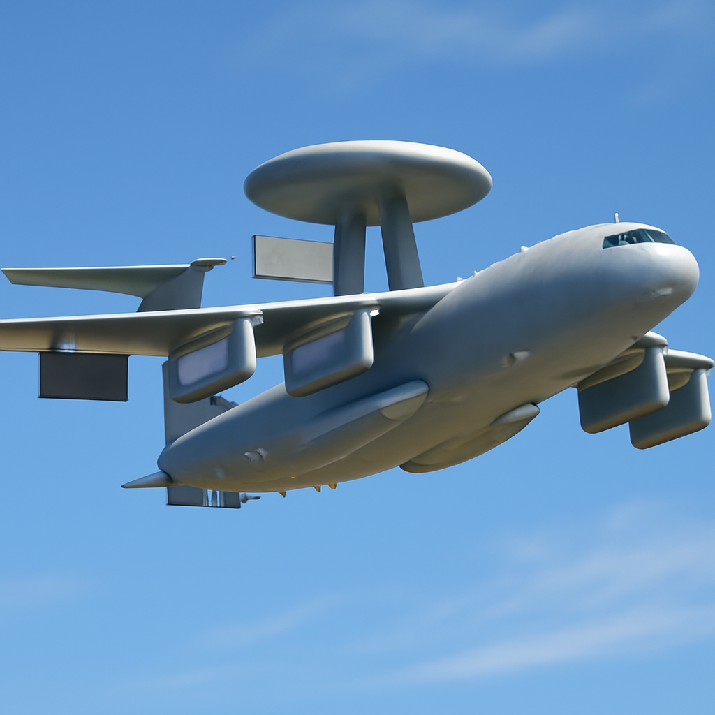 KJ-700 airborne warning and control aircraft in flight with prominent radar arrays against a clear blue sky.