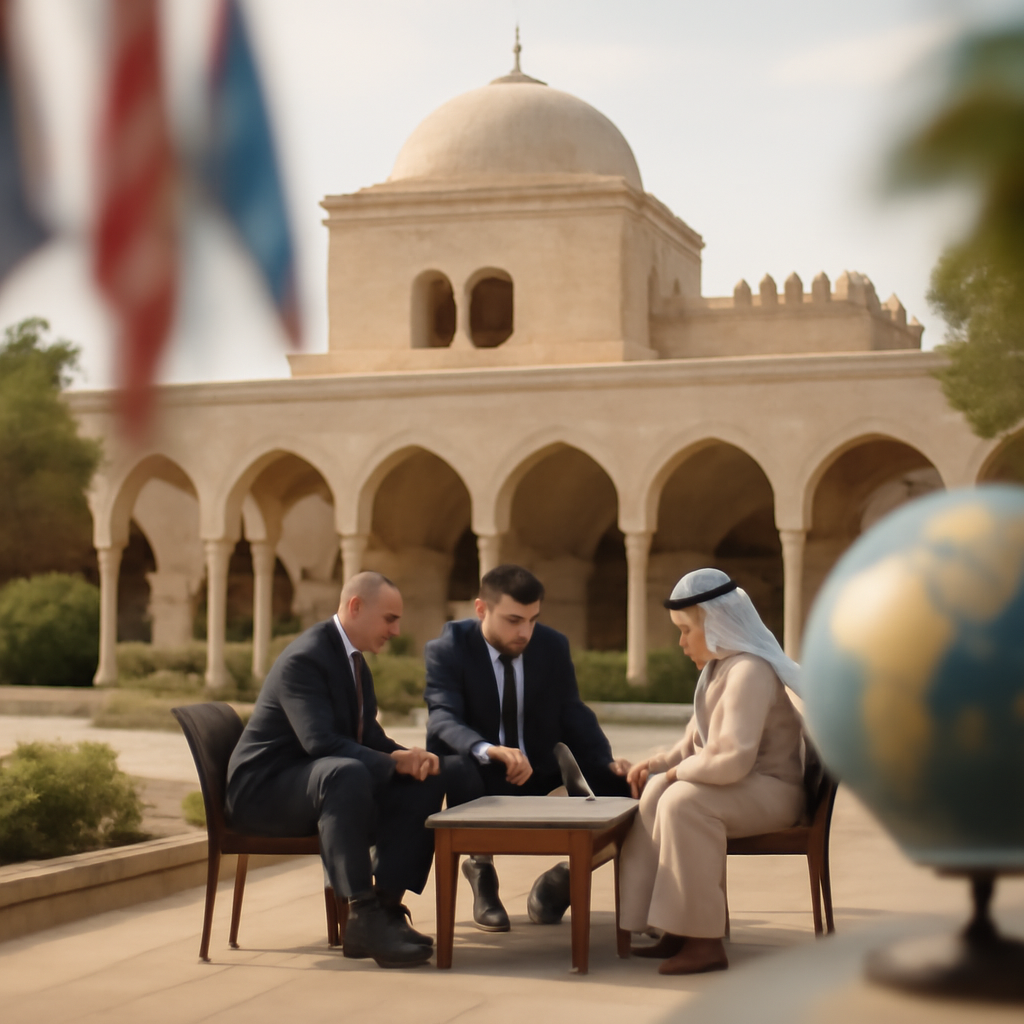 Officials discuss Middle East relations in a diplomatic building with a map nearby.