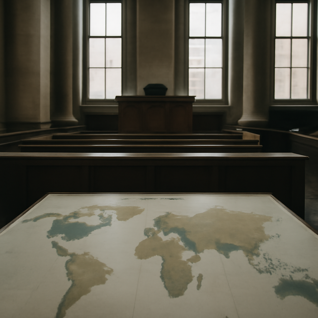 Somber courthouse interior with global map in foreground.