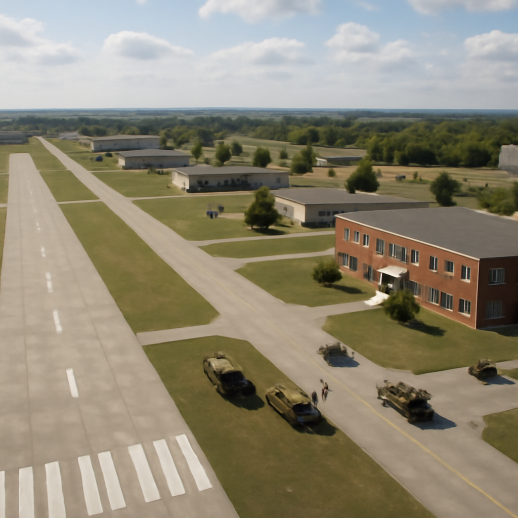 Military airfield with paved runway and buildings in rural landscape.
