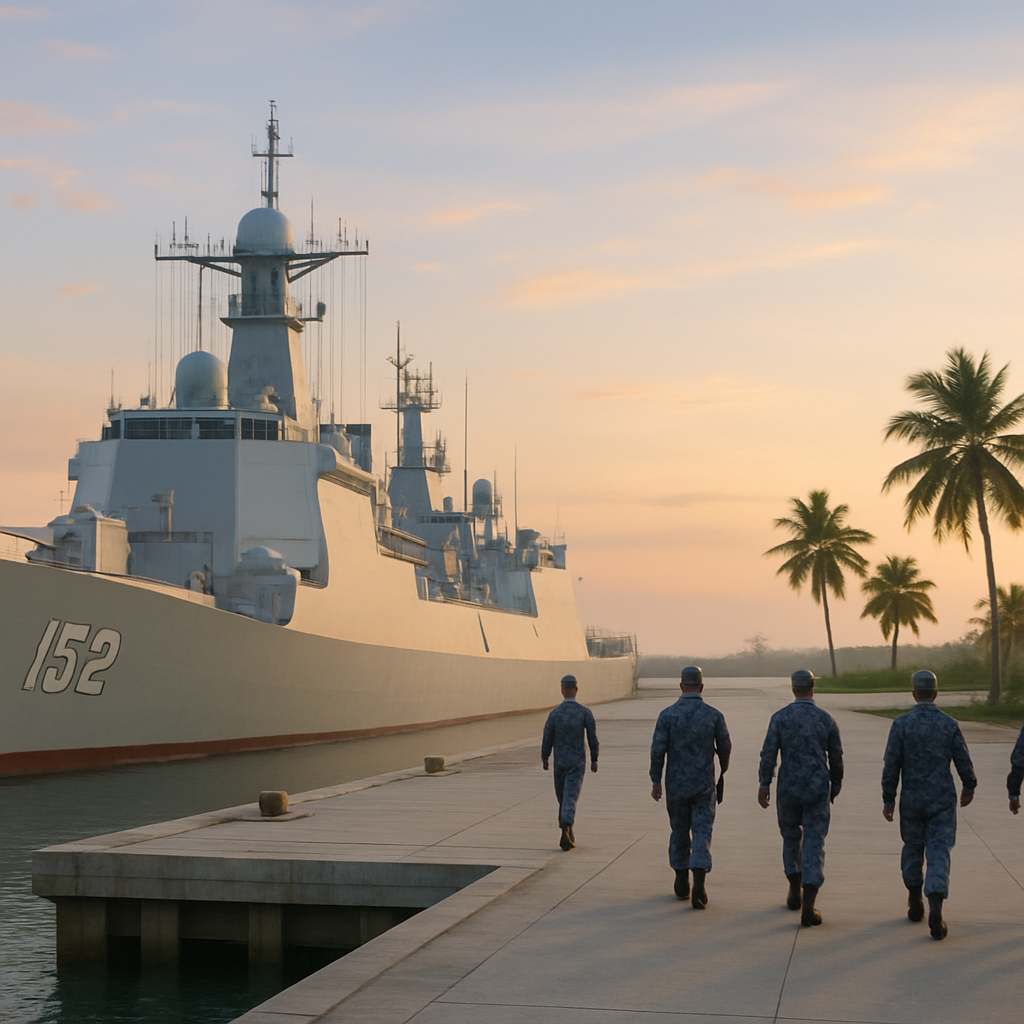 Chinese warship docked at tropical naval base at dawn with personnel ashore.