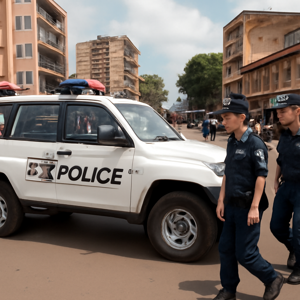 Chinese police officers patrol a busy African city street in a vehicle.