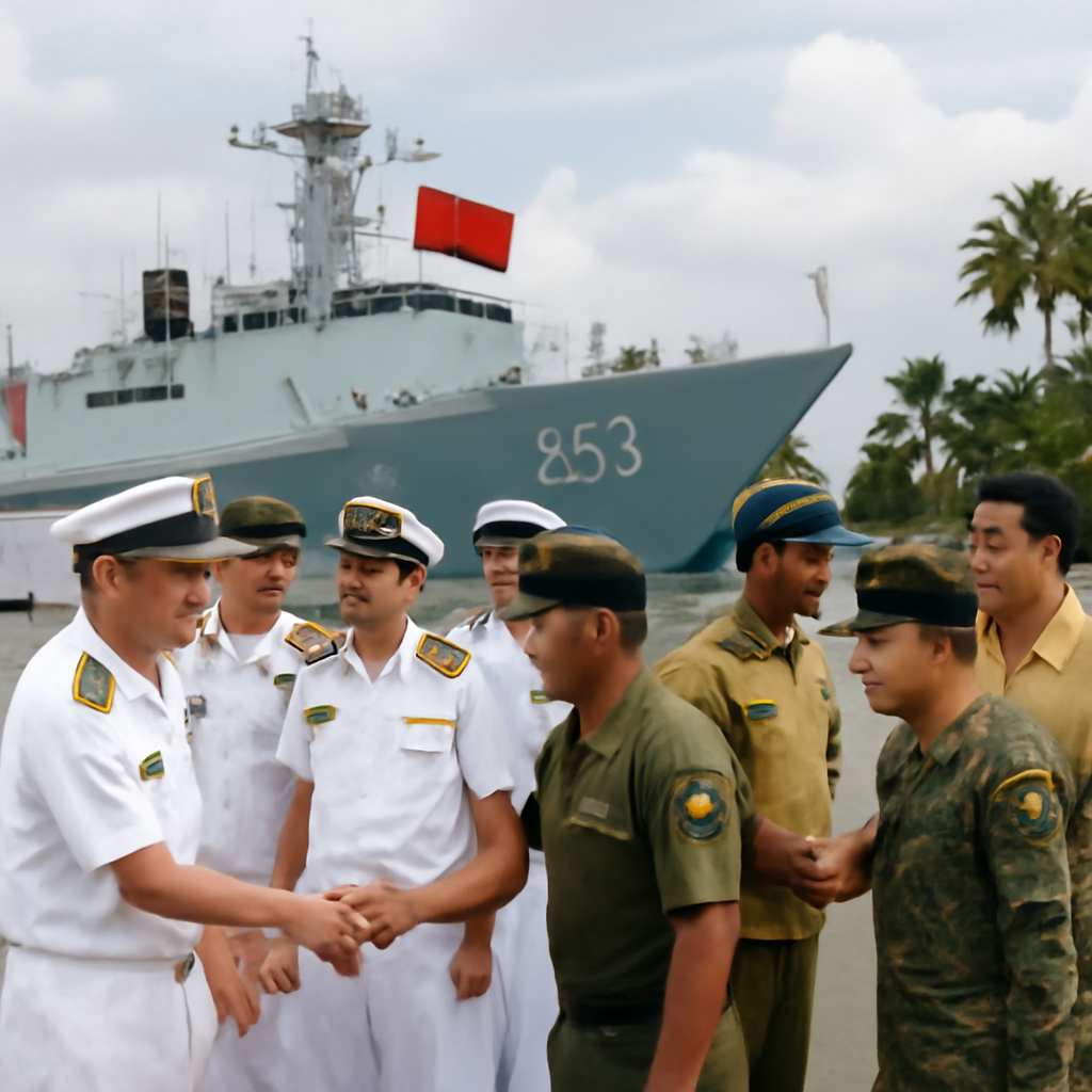 Chinese naval vessel docked in a busy harbor with personnel from China and a local nation.