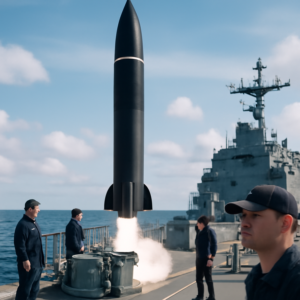 Naval personnel stand near a submarine-launched ballistic missile on a launch platform at sea.