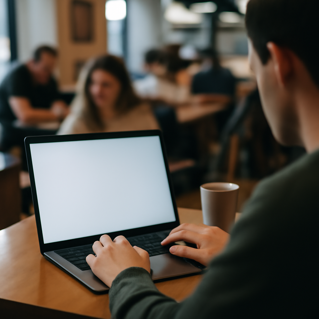 Person browsing on a laptop in a busy coffee shop with blurred background.