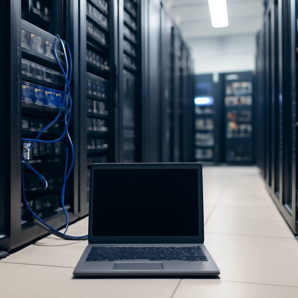 Server room interior with rows of equipment and a central workstation.