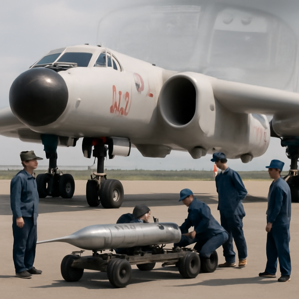 Chinese H-6K bomber on a runway with maintenance personnel and a 250-kg glide kit on a nearby cart.