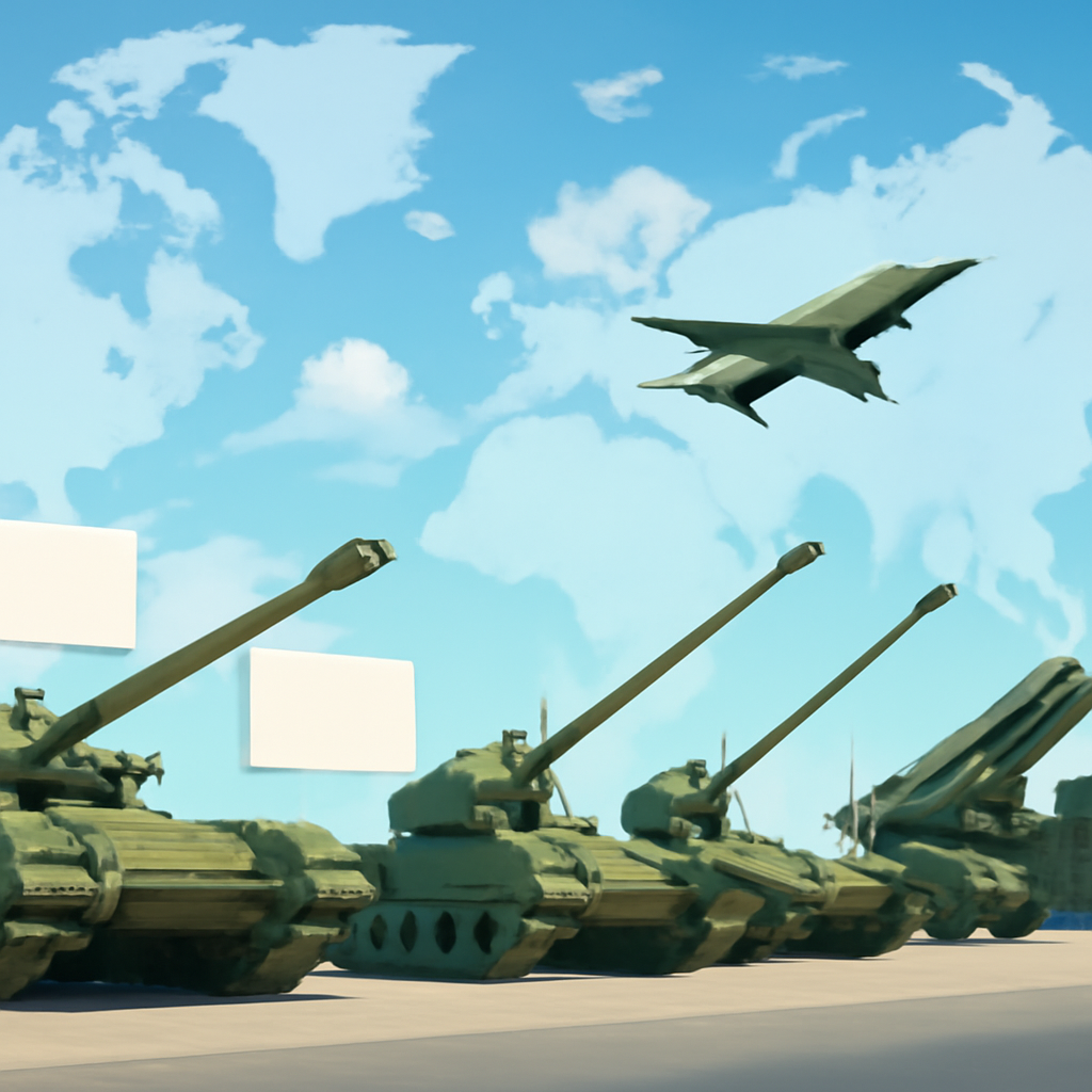 Military equipment, including tanks, artillery, and aircraft, on display against a subtle global backdrop.