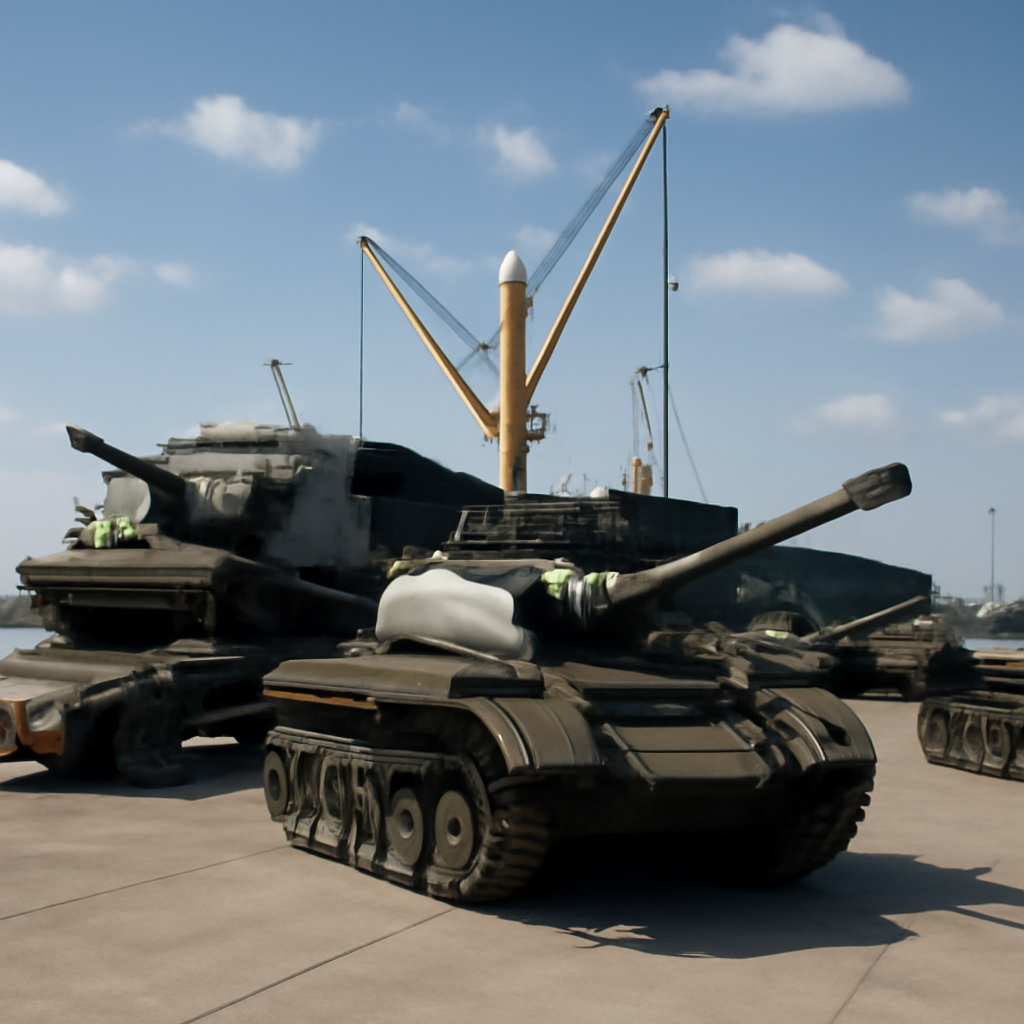 Type 59 tanks at a military port, some loaded on trailers or a ship, others lined up on the ground.