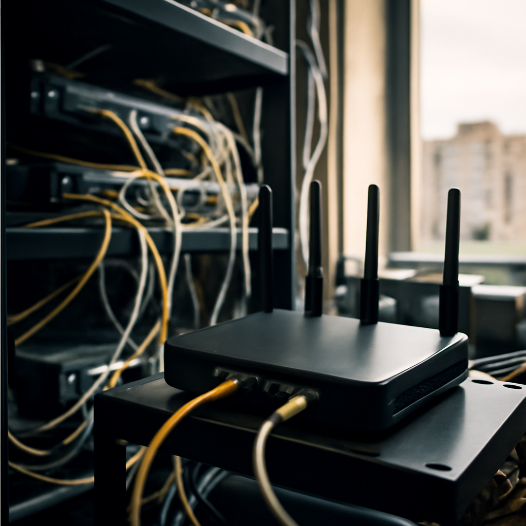 Rack-mounted router surrounded by devices and cables in a network closet overlooking an urban area.