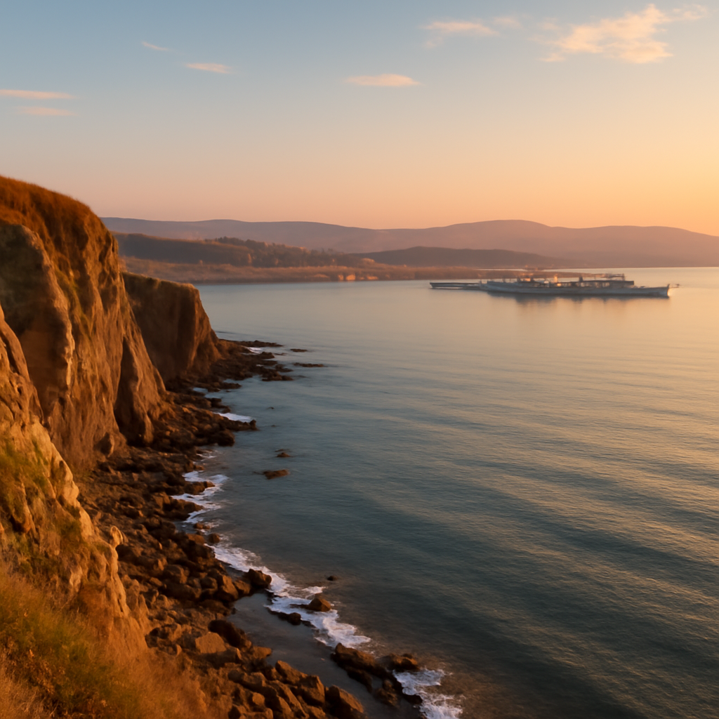 Rugged Russian Far East coastline with distant naval base and calm sea.