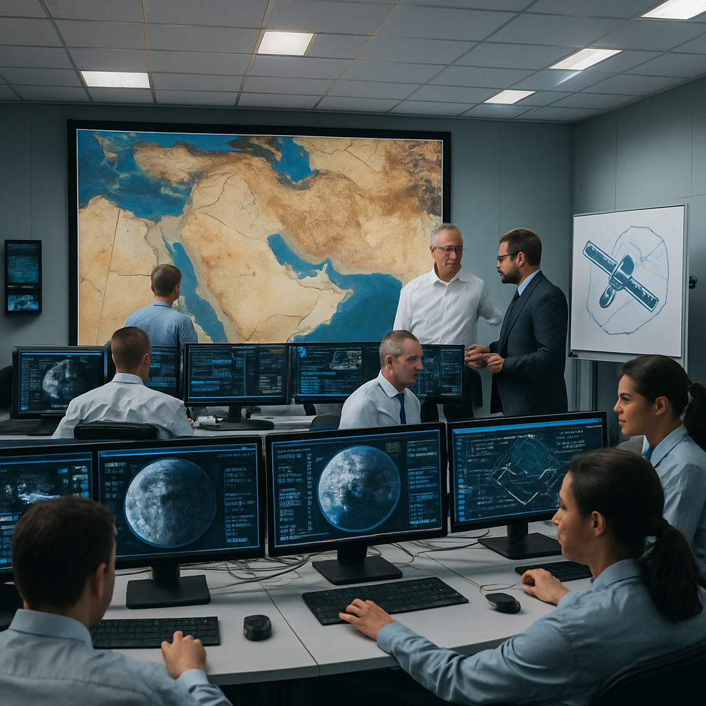 Technicians work in a satellite control room with multiple monitors and a large Middle East map display.