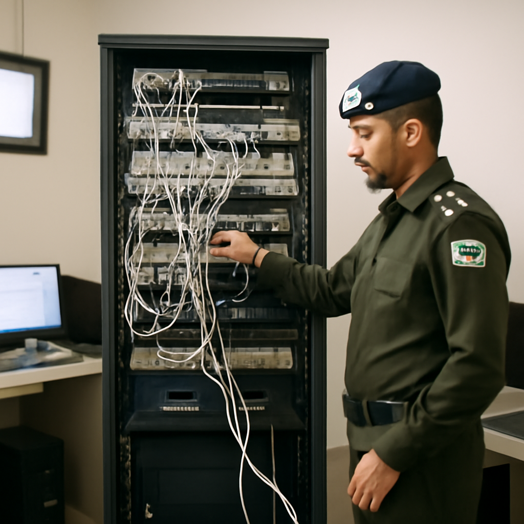Brightly-lit server room in a Pakistani law enforcement office with generic computer equipment and network devices.