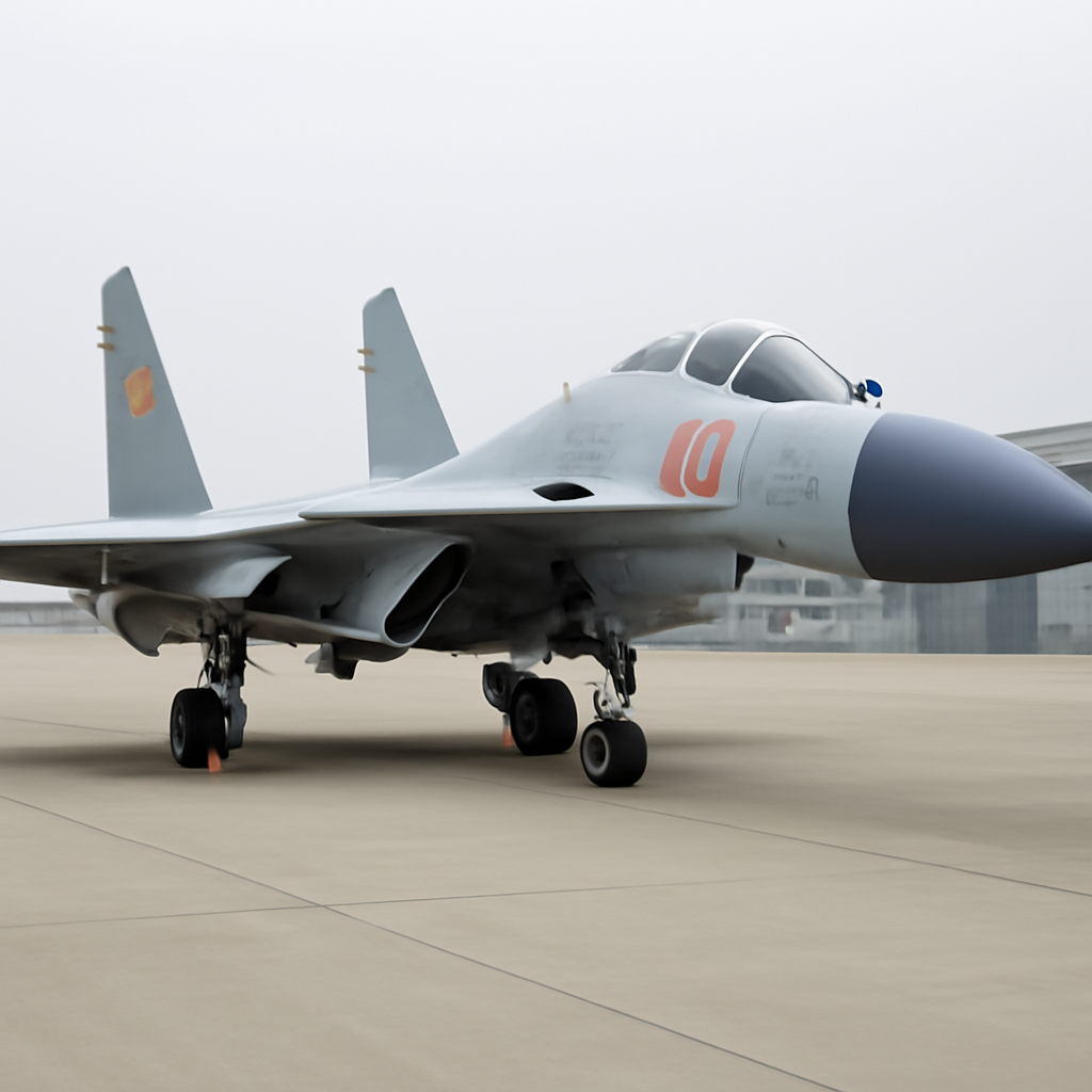 Chinese J-15 fighter jet, nicknamed Flying Shark, on a tarmac with a military base in the background.