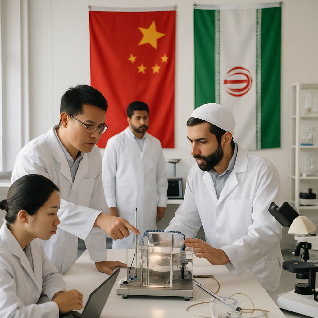 Chinese and Iranian researchers collaborate in a brightly-lit laboratory, surrounded by scientific equipment.