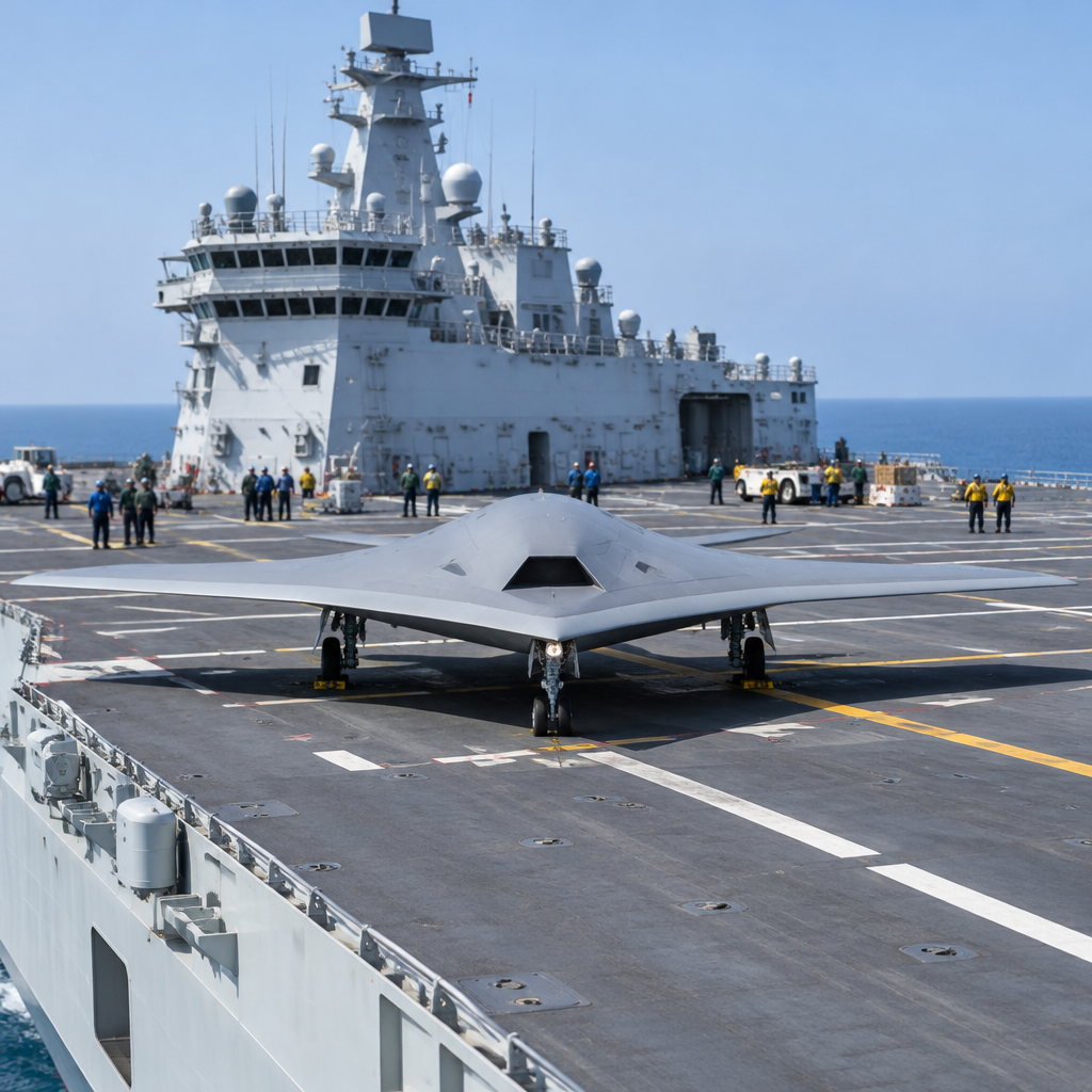 Chinese amphibious assault ship underway with stealth drone on flight deck.